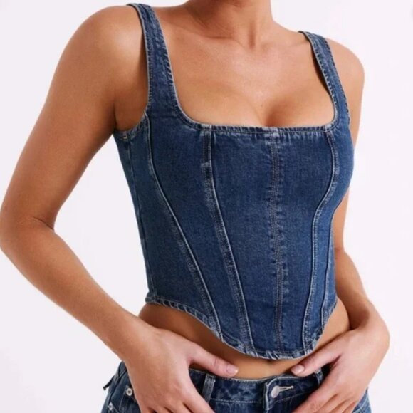 MESHKI BIANCA Denim Lace Up Corset - Dark Blue Brand new XXS - Picture 1 of 7